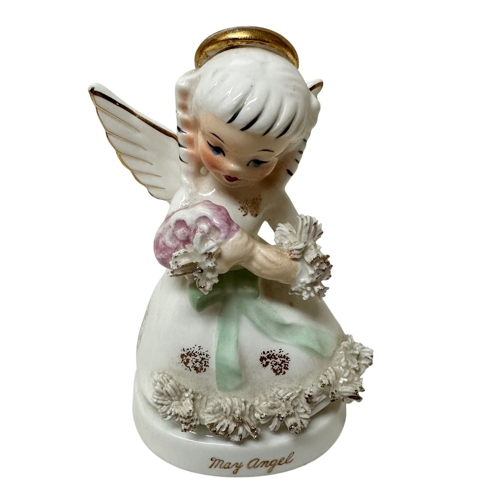 Vintage Napco May Angel Figurine A1365 Spaghetti Trim Gold Gilt Ceramic 4.5"